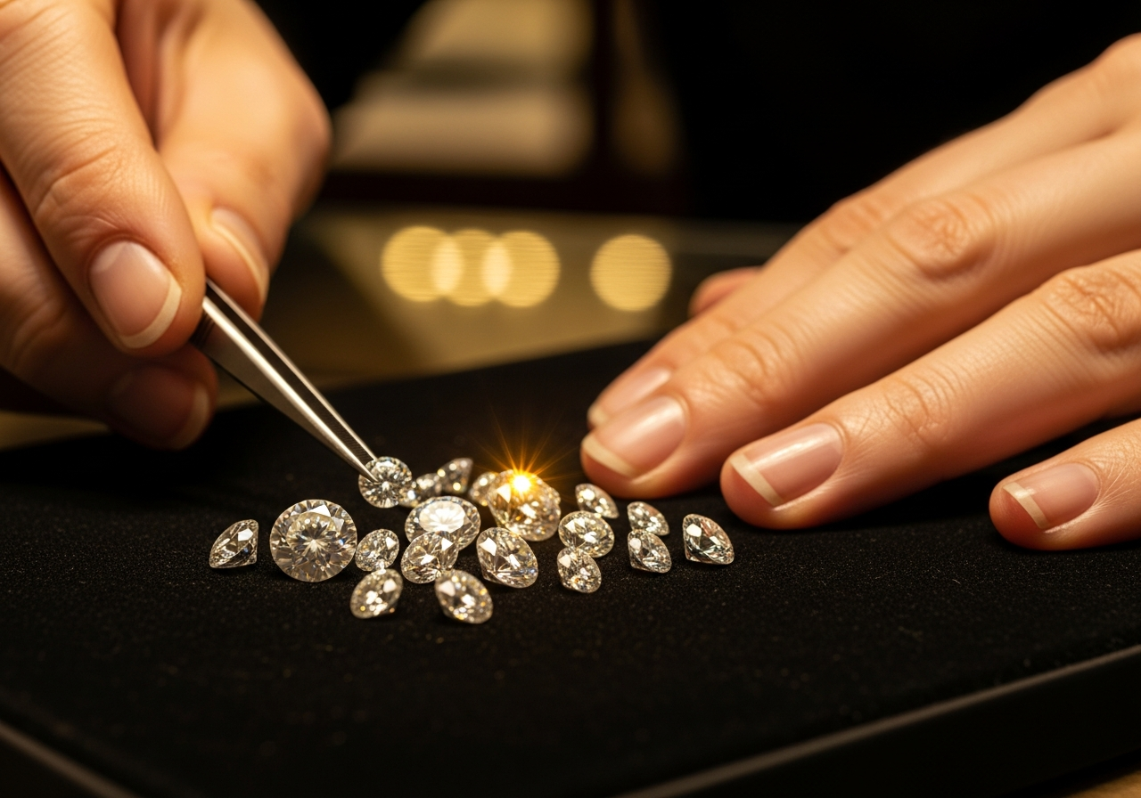 Selection of loose certified diamonds on velvet