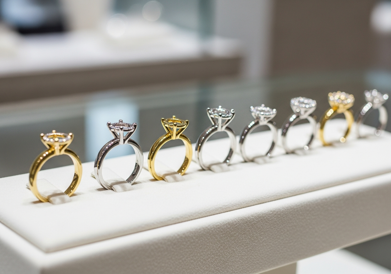 Ring mount styles displayed on a boutique stand