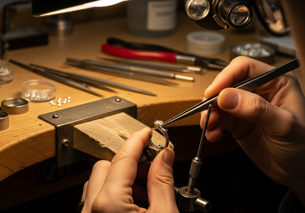 Goldsmith setting a diamond in our Murray Place workshop